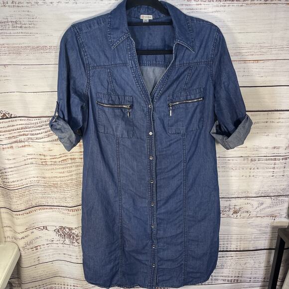Guess Dresses & Skirts - Guess Womens Button Down Roll Tab Sleeves Blue 100% Cotton Midi Dress Medium
